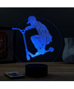 Lampe illusion 3D en verre acrylique gravée au laser représentant un rider et sa trottinette.
