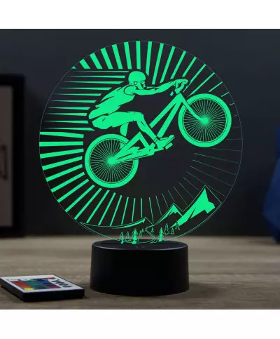 Lampe illusion 3D en verre acrylique gravée au laser représentant un cycliste sur son VTT.