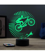 Lampe illusion 3D en verre acrylique gravée au laser représentant un cycliste sur son VTT.