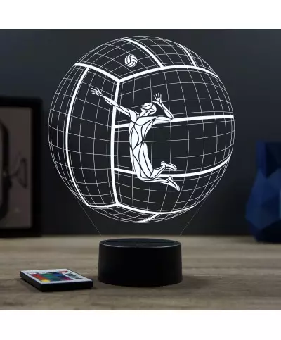 Lampe illusion 3D en verre acrylique gravée au laser représentant un jouer de volley à l'intérieur d'un ballon.