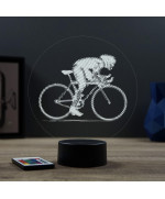 Lampe illusion 3D en verre acrylique gravée au laser représentant un cycliste sur son vélo de course.