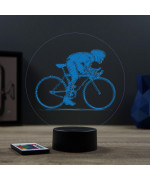 Lampe illusion 3D en verre acrylique gravée au laser représentant un cycliste sur son vélo de course.