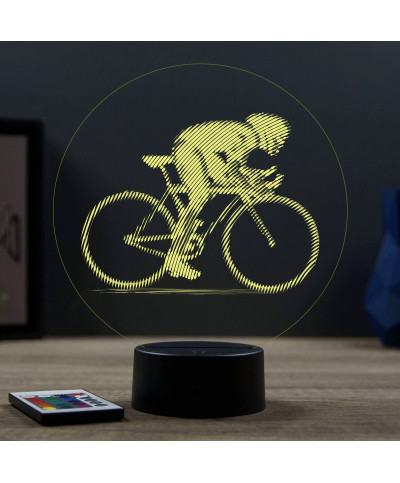 Lampe illusion 3D en verre acrylique gravée au laser représentant un cycliste sur son vélo de course.