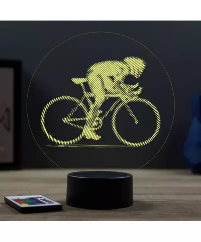 Lampe illusion 3D en verre acrylique gravée au laser représentant un cycliste sur son vélo de course.