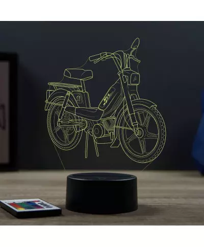 Lampe illusion 3D en verre acrylique gravée au laser représentant une moto Peugeot 103 MVL.
