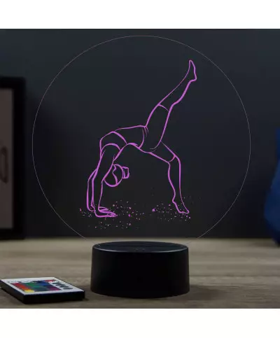 Lampe illusion 3D en verre acrylique gravée au laser représentant une gymnaste.