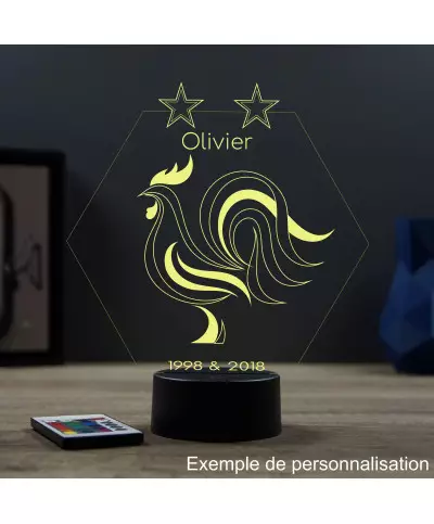 Lampe illusion 3D en verre acrylique gravée au laser représentant l'équipe de France.