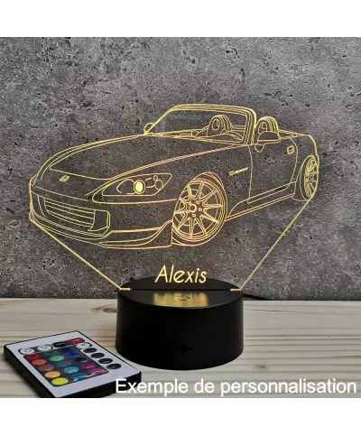 Lampe illusion 3D en verre acrylique gravée au laser représentant une voiture Honda S2000.
