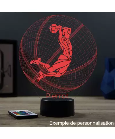 Lampe illusion 3D en verre acrylique gravée au laser représentant un basketteur à l'intérieur d'un ballon.