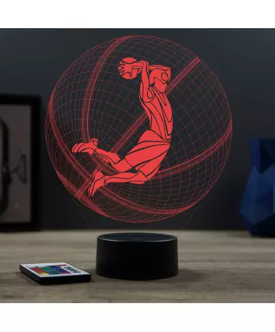 Lampe illusion 3D en verre acrylique gravée au laser représentant un basketteur à l'intérieur d'un ballon.