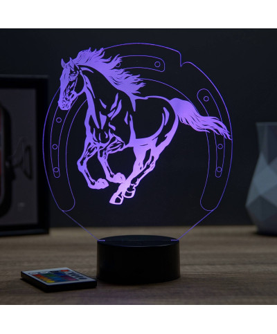 Lampe illusion 3D en verre acrylique gravée au laser représentant un cheval au galop.