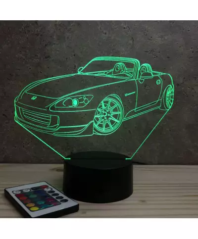 Lampe illusion 3D en verre acrylique gravée au laser représentant une voiture Honda S2000.