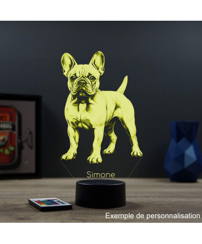 Lampe illusion 3D en verre acrylique gravée au laser représentant un Chien Bouledogue Français.