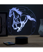 Lampe illusion 3D en verre acrylique gravée au laser représentant un cheval au galop.