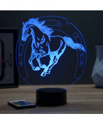 Lampe illusion 3D en verre acrylique gravée au laser représentant un cheval au galop.