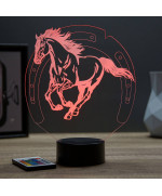 Lampe illusion 3D en verre acrylique gravée au laser représentant un cheval au galop.