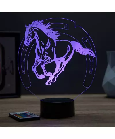 Lampe illusion 3D en verre acrylique gravée au laser représentant un cheval au galop.