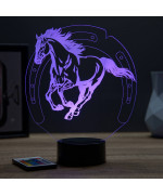 Lampe illusion 3D en verre acrylique gravée au laser représentant un cheval au galop.