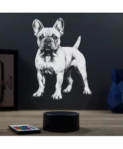 Lampe illusion 3D en verre acrylique gravée au laser représentant un Chien Bouledogue Français.