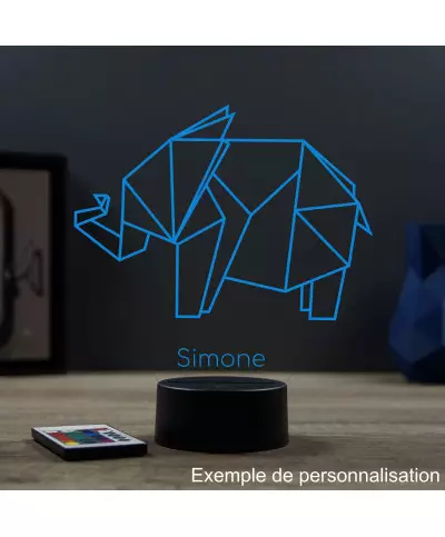 Lampe illusion 3D en verre acrylique gravée au laser représentant un Eléphant Origami.
