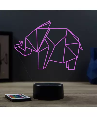 Lampe illusion 3D en verre acrylique gravée au laser représentant un Eléphant Origami.