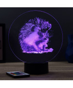 Lampe illusion 3D en verre acrylique gravée au laser représentant un Hérisson.