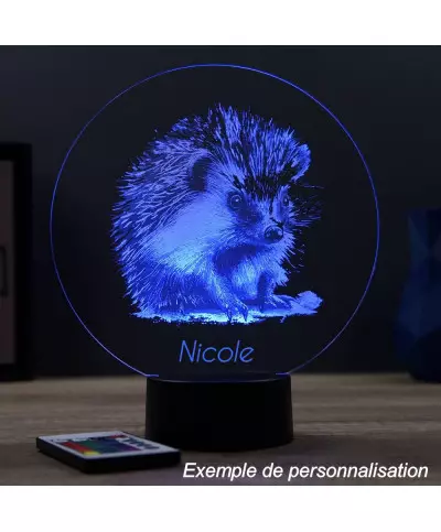 Lampe illusion 3D en verre acrylique gravée au laser représentant un Hérisson.