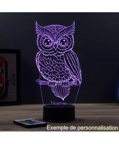 Lampe illusion 3D en verre acrylique gravée au laser représentant une Chouette.