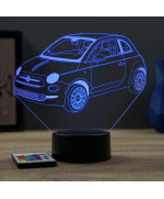 Lampe illusion 3D en verre acrylique gravée au laser représentant une voiture Fiat 500 nouvelle génération.