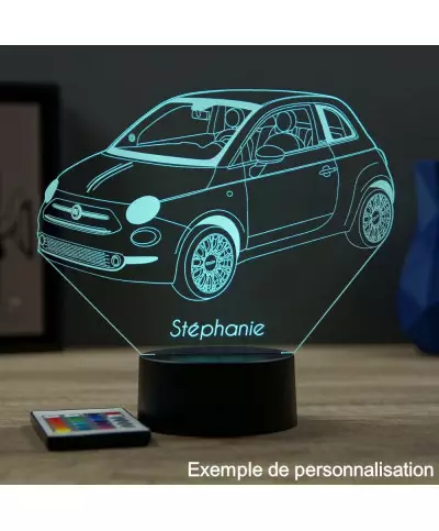 Lampe illusion 3D en verre acrylique gravée au laser représentant une voiture Fiat 500 nouvelle génération.