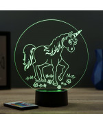 Lampe illusion 3D en verre acrylique gravée au laser représentant une licorne entourée de fleurs.