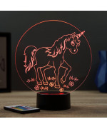 Lampe illusion 3D en verre acrylique gravée au laser représentant une licorne entourée de fleurs.