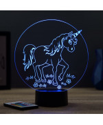 Lampe illusion 3D en verre acrylique gravée au laser représentant une licorne entourée de fleurs.