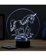 Lampe illusion 3D en verre acrylique gravée au laser représentant une licorne entourée de fleurs.