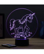 Lampe illusion 3D en verre acrylique gravée au laser représentant une licorne entourée de fleurs.