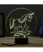 Lampe illusion 3D en verre acrylique gravée au laser représentant une licorne entourée de fleurs.
