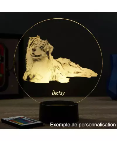 Lampe illusion 3D en verre acrylique gravée au laser représentant un Chien Berger Australien.