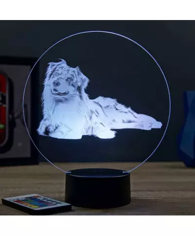 Lampe illusion 3D en verre acrylique gravée au laser représentant un Chien Berger Australien.