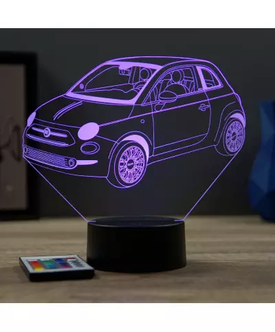 Lampe illusion 3D en verre acrylique gravée au laser représentant une voiture Fiat 500 nouvelle génération.
