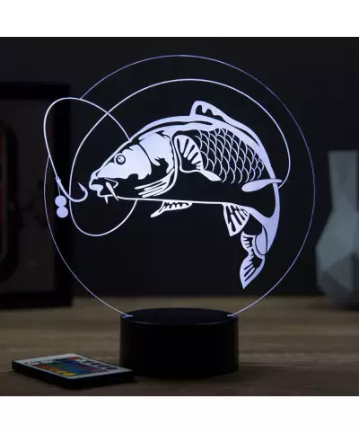Lampe illusion 3D en verre acrylique gravée au laser représentant une carpe.