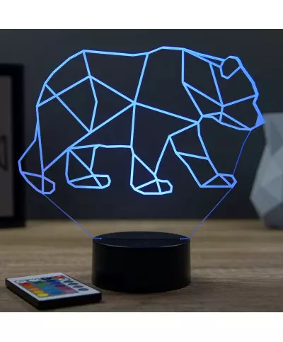 Lampe illusion 3D en verre acrylique gravée au laser représentant un Ours Origami.