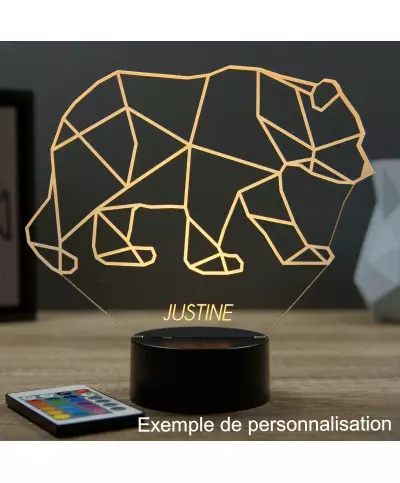Lampe illusion 3D en verre acrylique gravée au laser représentant un Ours Origami.