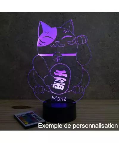 Lampe illusion 3D en verre acrylique gravée au laser représentant un Chat Maneki-Neko.