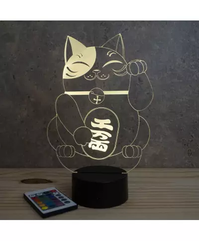 Lampe illusion 3D en verre acrylique gravée au laser représentant un Chat Maneki-Neko.