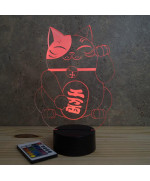 Lampe illusion 3D en verre acrylique gravée au laser représentant un Chat Maneki-Neko.