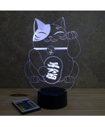 Lampe illusion 3D en verre acrylique gravée au laser représentant un Chat Maneki-Neko.