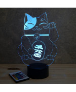 Lampe illusion 3D en verre acrylique gravée au laser représentant un Chat Maneki-Neko.
