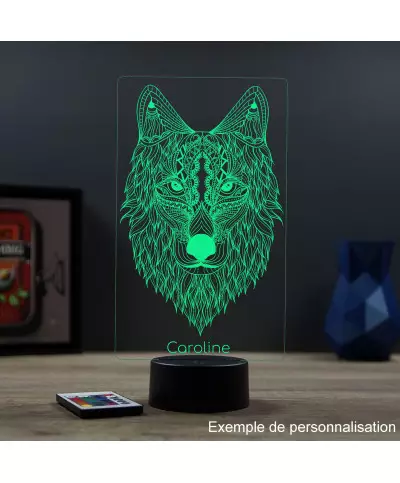 Lampe illusion 3D en verre acrylique gravée au laser représentant un Loup.
