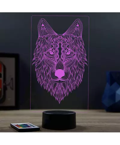 Lampe illusion 3D en verre acrylique gravée au laser représentant un Loup.