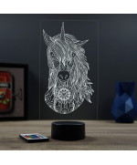 Lampe illusion 3D en verre acrylique gravée au laser représentant une licorne de face.